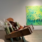 LUKÁŠ RITTSTEIN KARTÁČ 1994, LAMINÁT, DŘEVO, GUMA, PERSPEX, EPOXID